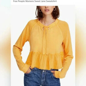Free People Sweet Jane Yellow Sweatshirt Tie Neck Sweater Ruffle Hem Women's S